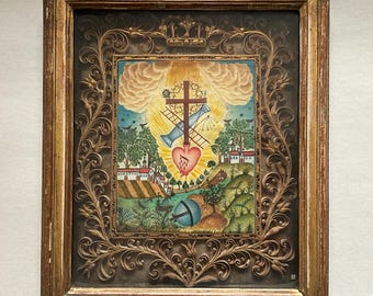 Religious reliquary, late 18th or early 19th century with quilling and naive painting in the center