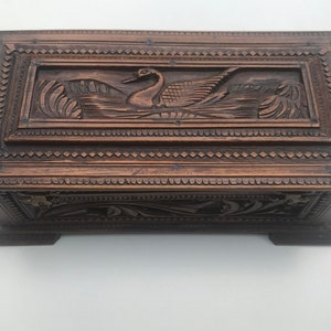 Carved wooden box, swan decor, jewelry box