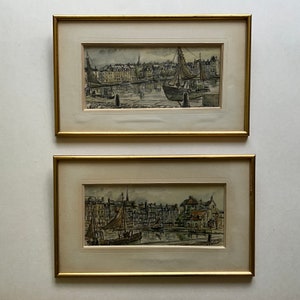 Watercolors on paper, pair by G.Hersent, landscape of Honfleur