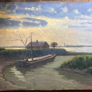 Oil painting on canvas, barge on the Scheldt Frédéric Vanderlinden.