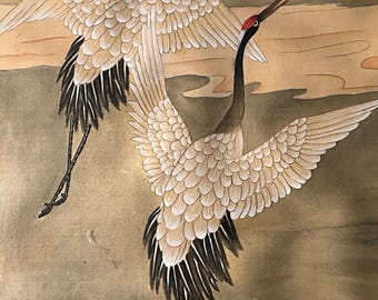 Asian silk painting, flight of cranes and turtles in front of Mount Fuji