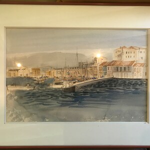 Watercolor on paper, port, houses and boats