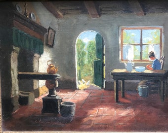 Peinture à l’huile sur toile, intérieur campinois, Camille Vermeulen