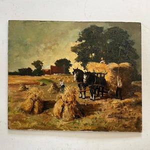 Obraz olejny na desce, praca terenowa, żniwa, Isidore Saeys, belgijski malarz, 1951 r.