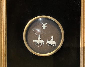 Wall decoration, Don Quixote and Sancho Panza on horseback with a windmill, bone sculpture