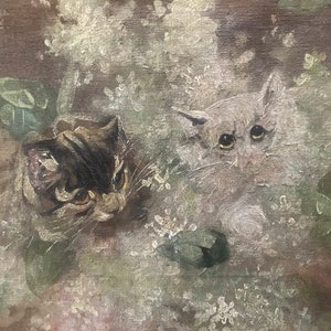 Peinture à l’huile, têtes de chats dans les fleurs