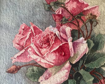 水彩画の花瓶、バラのガラス花瓶、オリジナル絵画、ガラスに入った