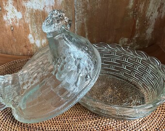 Glass Hen on Nest, Fenton Art Glass, Farmhouse Style Kitchen Decor