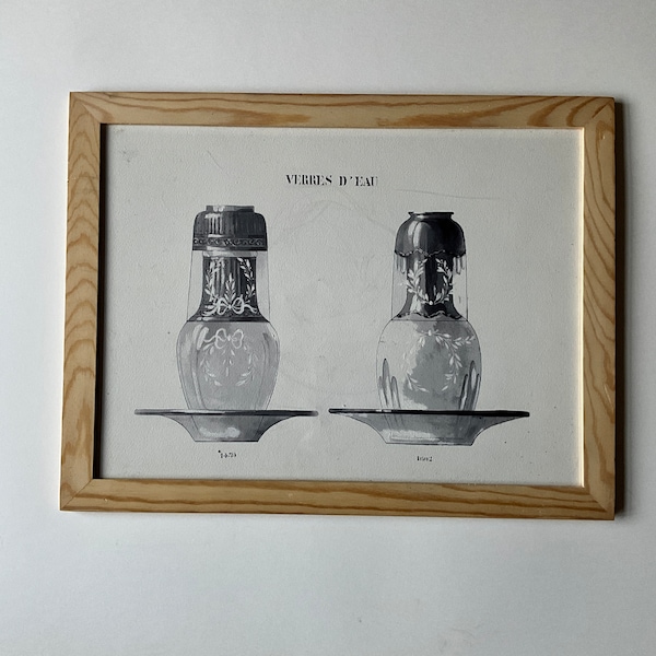 Engraving on paper, model of glasses and carafes