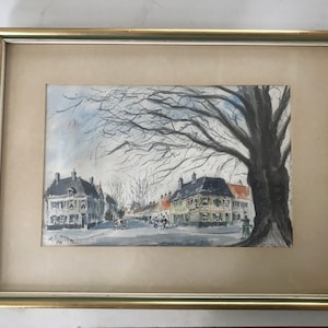 Acquerello su carta, paesaggio animato con strade e case. piazza du Vieux Tilleul, a Bruxelles, S.Pire 1978