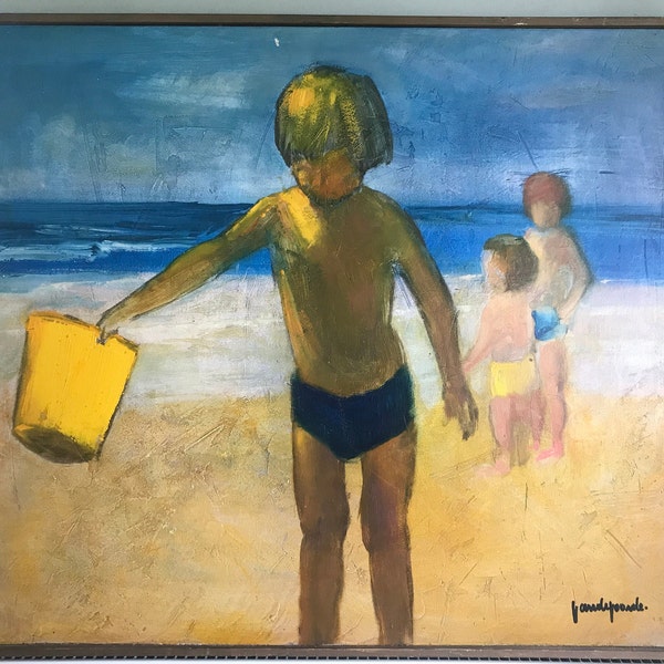 Peinture acrylique sur panneau, enfants sur la plage