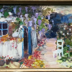 Ölgemälde auf Leinwand, Blumengarten und kleines Haus, Maud Delahaut