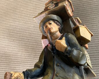 Clock Seller Statuette, Hand-carved Wood, Black Forest, Anri