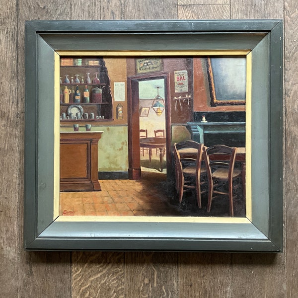 Peinture à l’huile sur panneau de bois, intérieur typique de bistrot bruxellois ancien