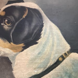 May include: A vintage oil painting of a dog's head and shoulders. The dog has black and white fur with tan markings around the ears and eyes. It wears a black collar with gold accents. The background is a dark, muted color.