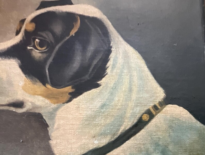 May include: A vintage oil painting of a dog's head and shoulders. The dog has black and white fur with tan markings around the ears and eyes. It wears a black collar with gold accents. The background is a dark, muted color.