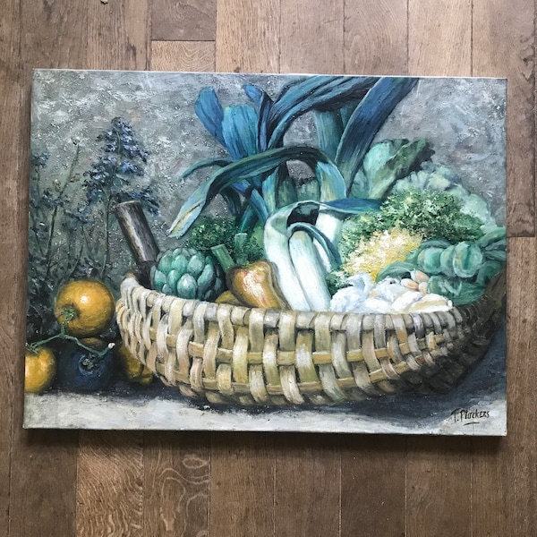 Peinture à l’huile sur toile , panier de légumes par T.Pluckers.