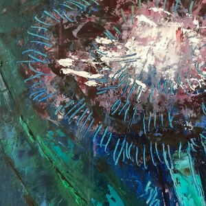 May include: Abstract painting with a central white burst surrounded by blue and purple brushstrokes. The background is a dark green and blue.