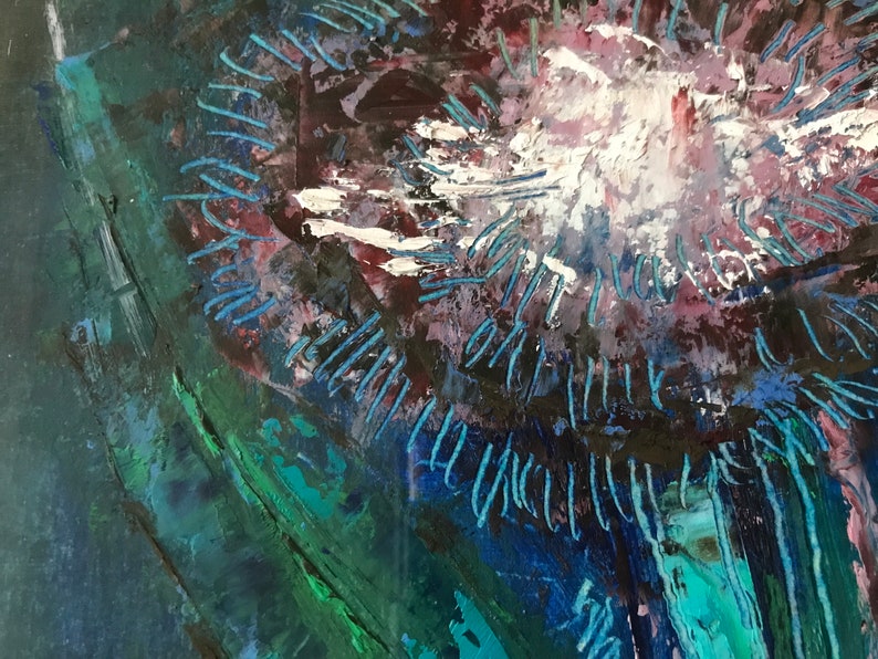 May include: Abstract painting with a central white burst surrounded by blue and purple brushstrokes. The background is a dark green and blue.