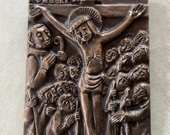 Bronze plaque with Christ on the cross by Egino Weinert
