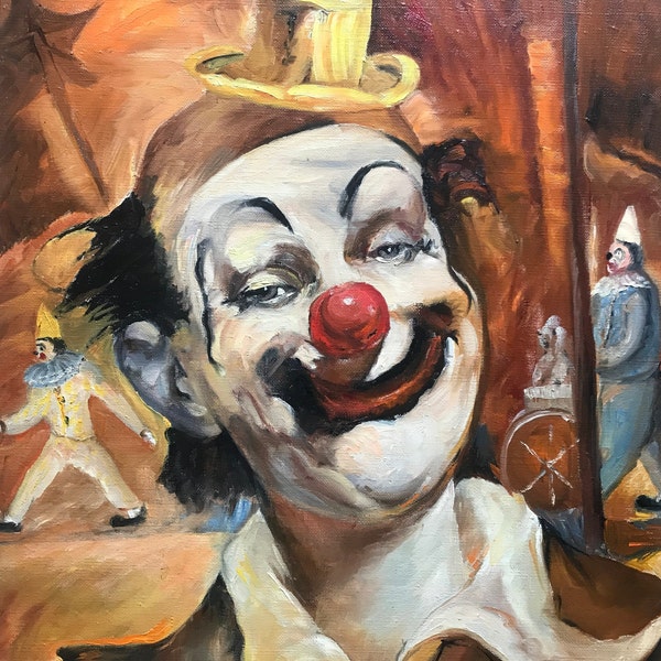 Peinture  à l’huile sur toile, clown dans un cirque , signature bas droite