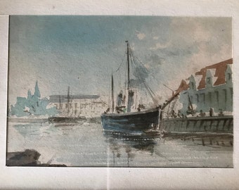 Par de acuarelas, barcos en un puerto, veleros.