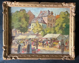 Oil painting on cardboard, market scene