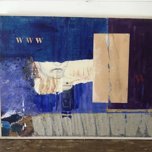 May include: Abstract collage artwork with a blue, purple, and beige colour scheme. The artwork features a face with a white background and the text "WWW" in the top left corner.