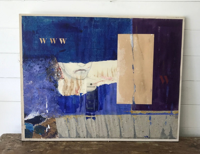 May include: Abstract collage artwork with a blue, purple, and beige colour scheme. The artwork features a face with a white background and the text "WWW" in the top left corner.