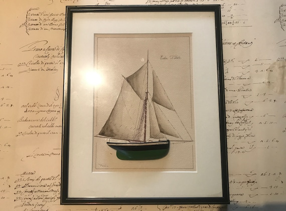 Aquarelle voilier, cotre pilote encadrée