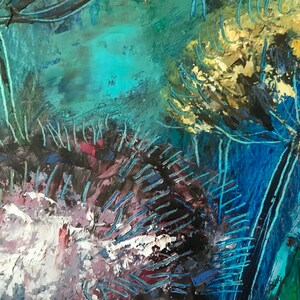 May include: Abstract painting with blue, green, white, and yellow brushstrokes. The painting features a variety of textures and layers, creating a sense of depth and movement.