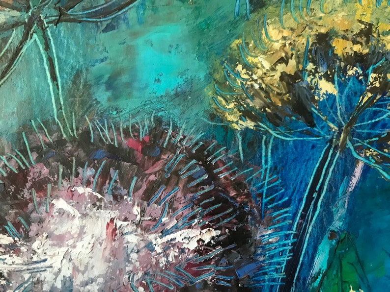 May include: Abstract painting with blue, green, white, and yellow brushstrokes. The painting features a variety of textures and layers, creating a sense of depth and movement.