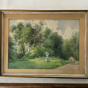 Acquerello firmato C.Renard, giardino e casa