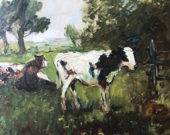 Oil painting on canvas, cows in the meadows by HJ PAUWELS