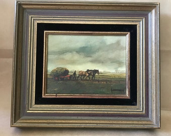 Oil on canvas made in the 1960s, farmer in his field signed Janssens