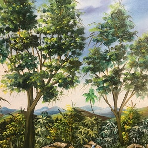 May include: A painting depicting a lush tropical landscape with two large trees in the foreground. The trees have green leaves and branches that extend towards the center of the painting. In the background, there are mountains and a blue sky with white clouds. The painting is done in a realistic style with vibrant colors.