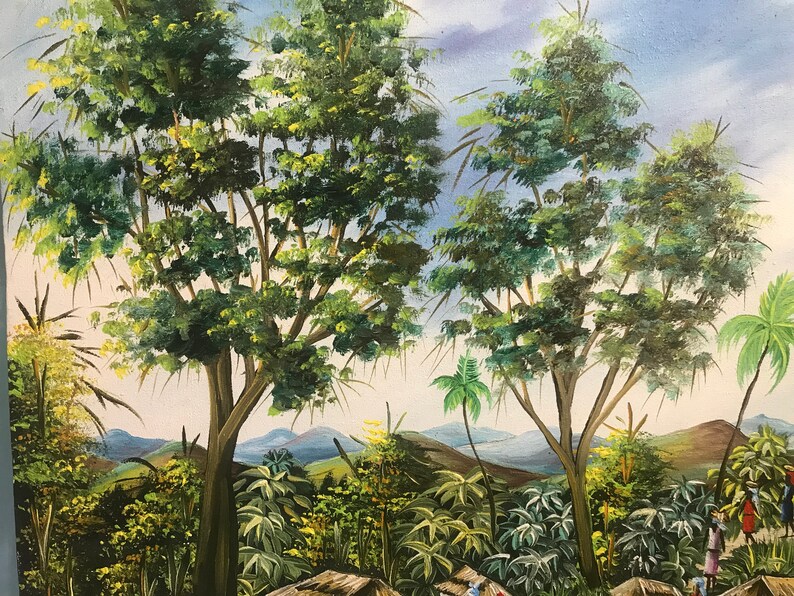May include: A painting depicting a lush tropical landscape with two large trees in the foreground. The trees have green leaves and branches that extend towards the center of the painting. In the background, there are mountains and a blue sky with white clouds. The painting is done in a realistic style with vibrant colors.