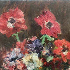 Oil painting on wooden panel, bouquet of anemones in a vase, Jacques Méchin