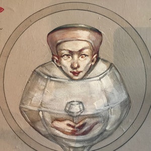 May include: A painting of a person wearing a white robe and a pink hat, holding a clear crystal in their hands. The person is surrounded by concentric circles.
