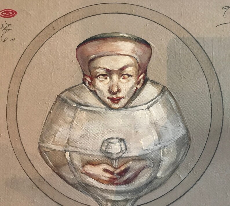 May include: A painting of a person wearing a white robe and a pink hat, holding a clear crystal in their hands. The person is surrounded by concentric circles.