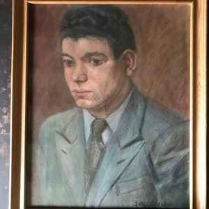 Pastel on paper, portrait of a young man in a suit and tie, J. Vandevelde