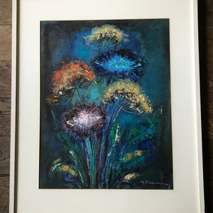 May include: A framed abstract painting of a bouquet of colorful flowers with blue, yellow, orange, and white petals on a dark blue background. The painting is signed "M. Tisserant".