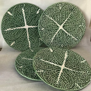 Set of 4 earthenware plates with relief print of slip cabbage leaves