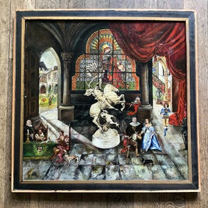 Oil painting on canvas, curious interior scene of a castle with symbolism that is difficult to decipher.