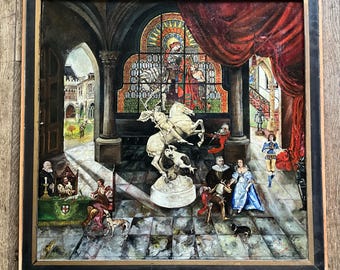 Oil painting on canvas, curious interior scene of a castle with symbolism that is difficult to decipher.