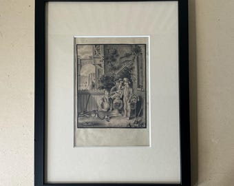Dessin au crayon, mère et ses enfants dans une cour