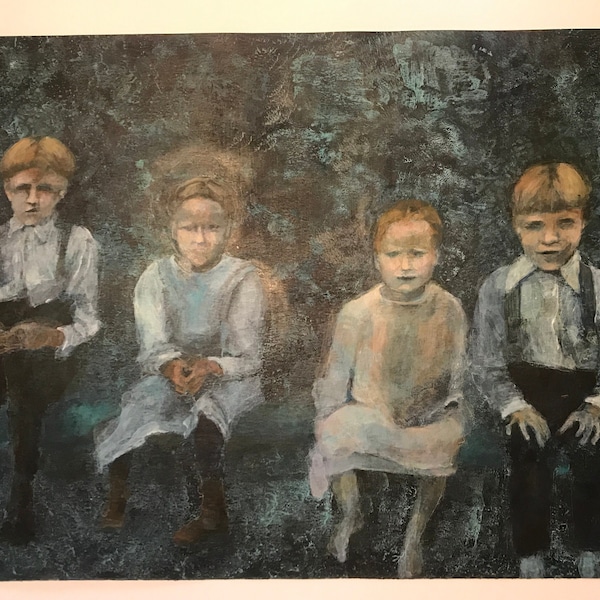 Peinture acrylique sur papier, portrait de 4 enfants, sans signature