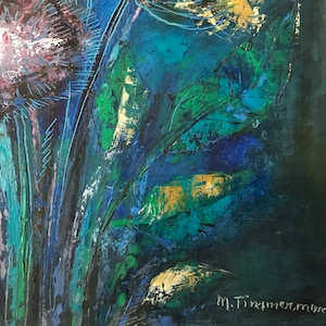 May include: Abstract painting of a flower with blue, green, and gold accents. The artist's signature, "M.T. Trimmer", is visible in the bottom right corner.