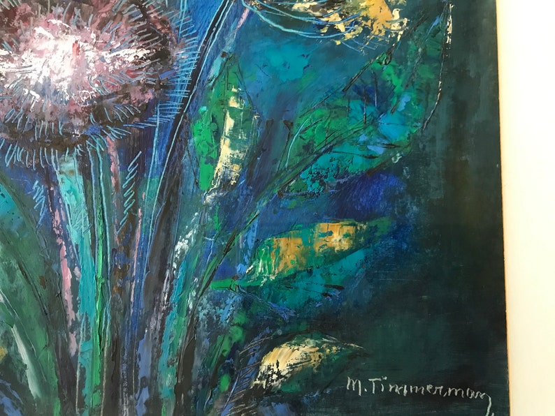 May include: Abstract painting of a flower with blue, green, and gold accents. The artist's signature, "M.T. Trimmer", is visible in the bottom right corner.
