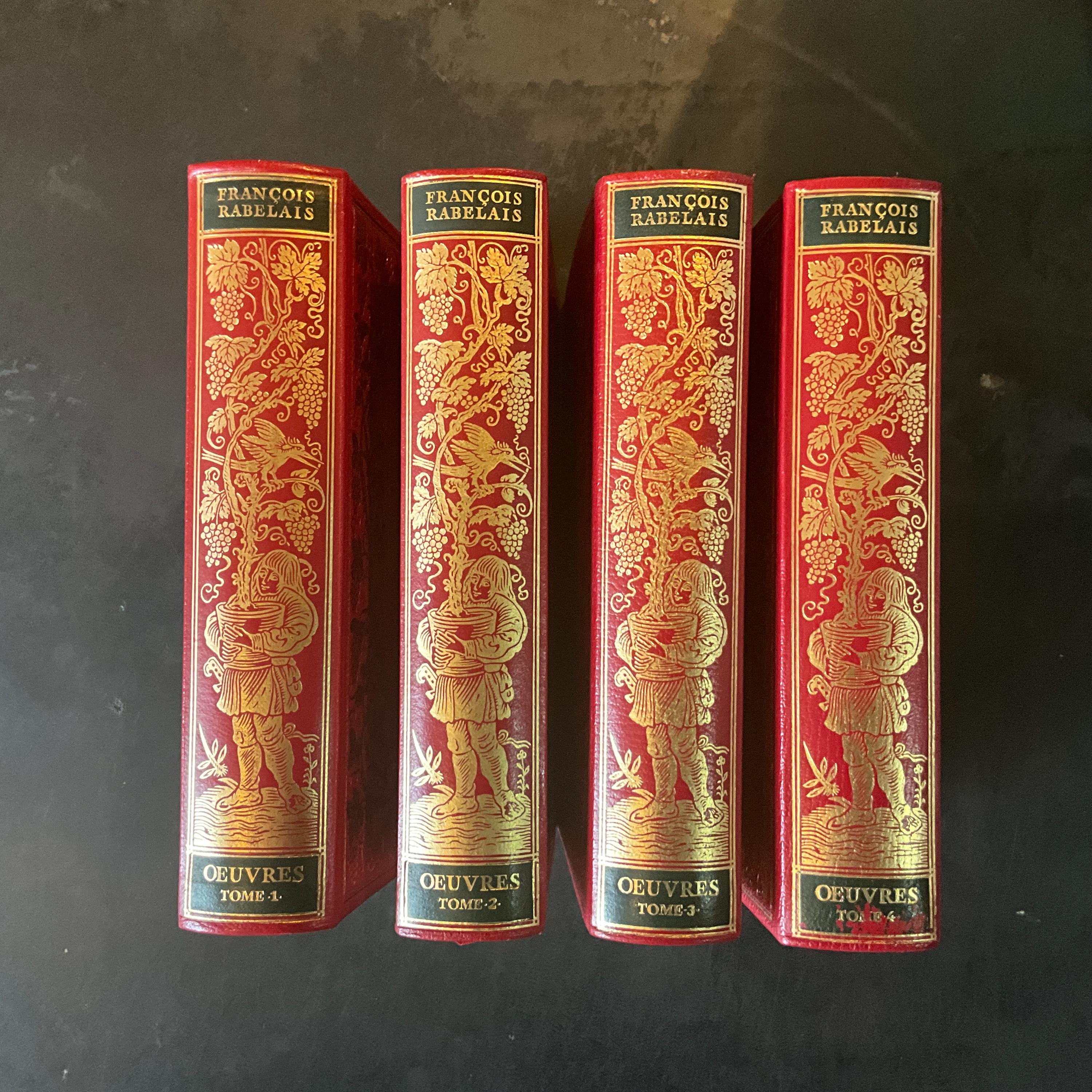 Leather-bound books from the Jean de Bonnot collection, works by François Rabelais